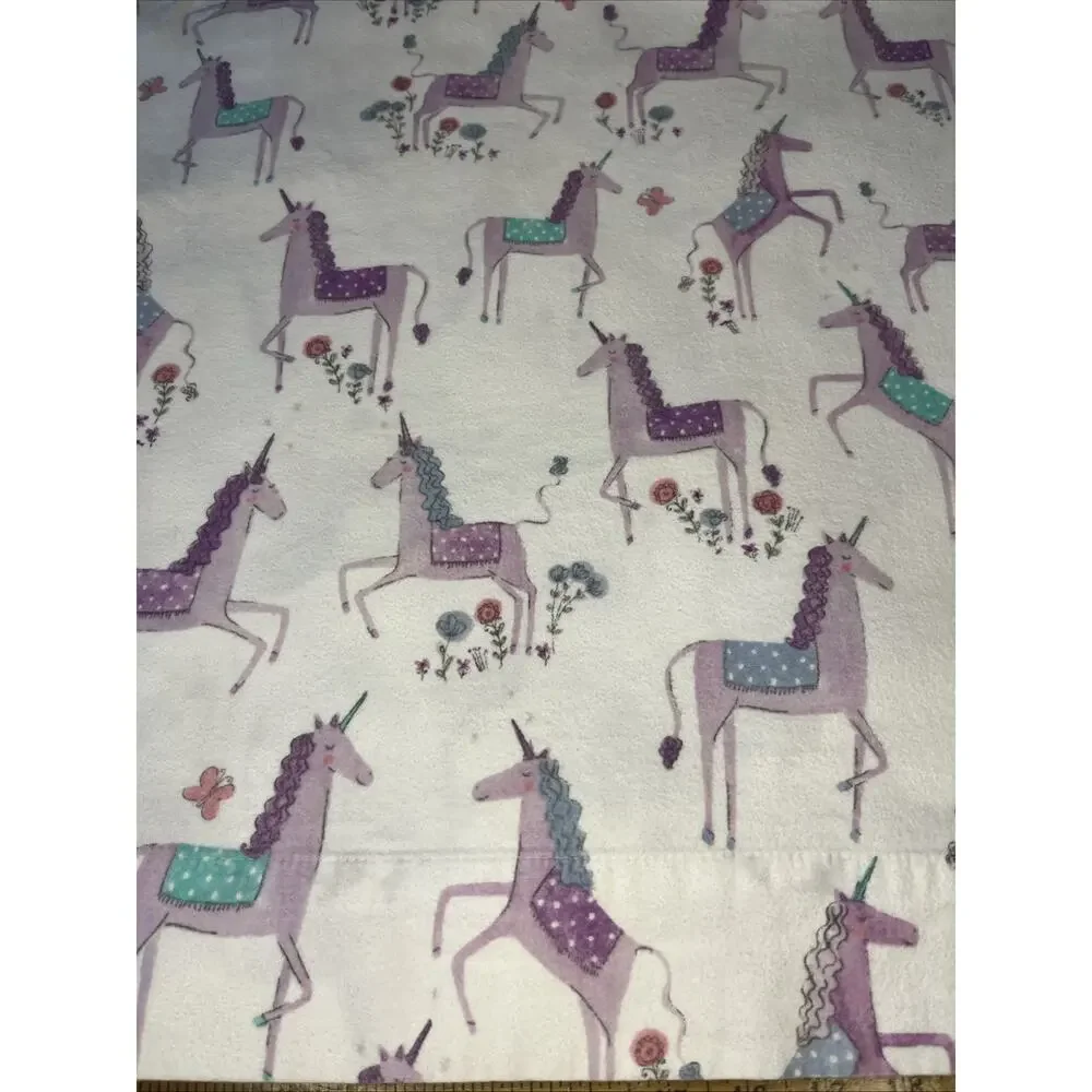 Pottery Barn Kids Unicorn Purple White Twin 3pc Sheet Set Flannel Cotton Organic